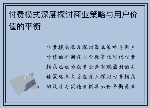 付费模式深度探讨商业策略与用户价值的平衡